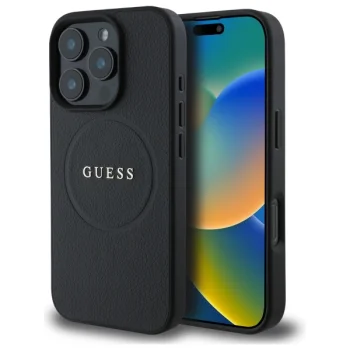 Guess Grained Gold Ring MagSafe Phone Case Cover iPhone 16 Pro Max - black