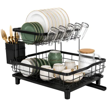 Two-Tier Dish Drying Rack with Drainboard and Utensil Holders, Black