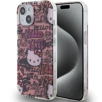 Hello Kitty iPhone 15 vāciņš IML Tags Graffiti, rozā