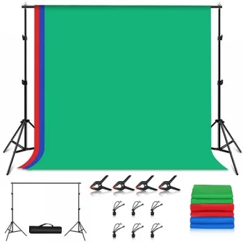 Foto fona statīvu komplekts ar 3 auduma foniem (RGB), 2.9x2 m