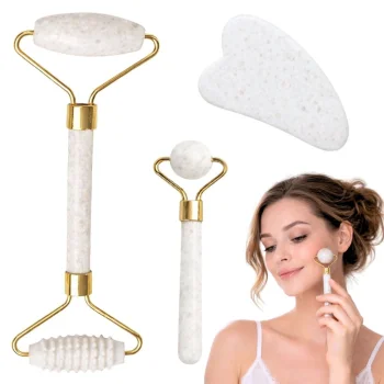 Nefrīta sejas masieris 3-in-1 rullītis un Gua Sha akmens, balts