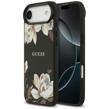 Guess Grained Flowers Classic Logo MagSafe vāciņš iPhone Air, Melns