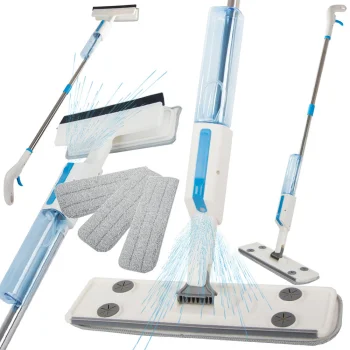 Flat mop with spray and window squeegee, 3 microfiber pads, white