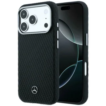 Чехол Mercedes Leather Semi Wrap Wood Effect MagSafe для iPhone 17 Pro Max, черный