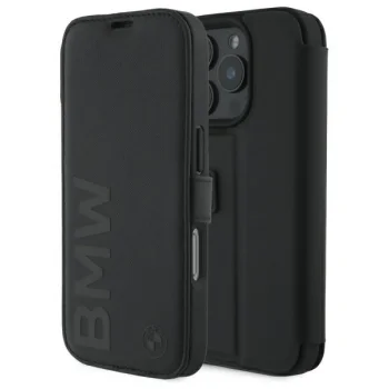 BMW BMBKP16L23RMRLK iPhone 16 Pro 6.3" melns/pelēks grāmatu futrālis Signature Leather Wordmark | black/black...