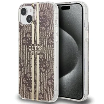 Guess iPhone 15 Plus vāciņš IML 4G Gold Stripe, brūns