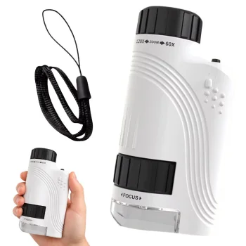 Kompakts rokas mikroskops 60x–120x ar LED un UV apgaismojumu