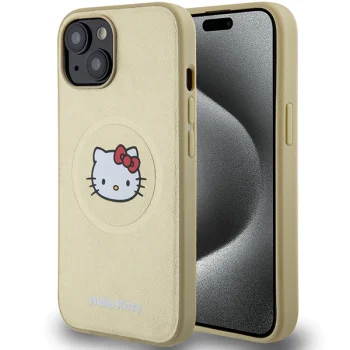 Hello Kitty iPhone 15 Case Leather Kitty Head MagSafe, Gold