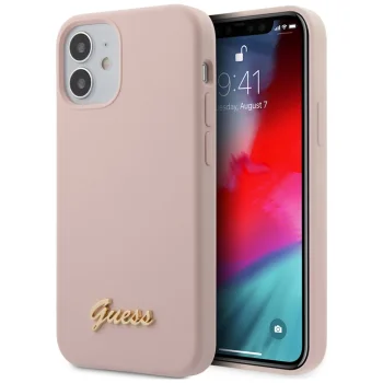 Guess iPhone 12 mini vāciņš Silicone Script Gold Logo, gaiši rozā