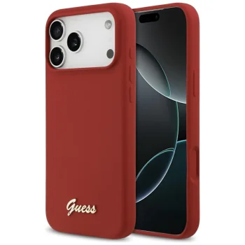 Guess Silicone Script Metal Logo MagSafe vāciņš iPhone 17 Pro Max - sarkans | Phone Case Cover Red