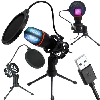 USB Studio Microphone for PC with RGB and Tripod, Cardioid, Black/Red