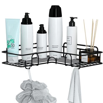 Loft stūra vannas istabas dušas plaukts, karājas āķis melns | corner bathroom shower shelf hanging hook black