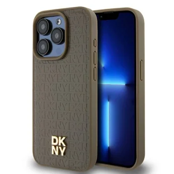 DKNY iPhone 14 Pro Max vāciņš Leather Pattern Metal Logo MagSafe, brūns