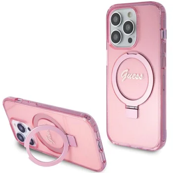 Guess Ring Stand Script Glitter MagSafe vāciņš iPhone 15 Pro Max, rozā