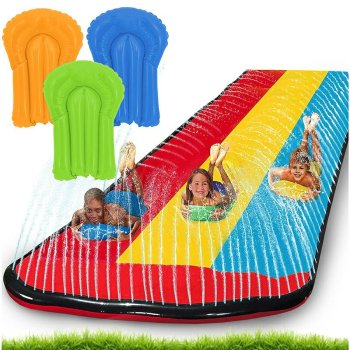 Triple water slide with fountain and 3 inflatable boards