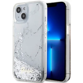 Guess iPhone 14 Case Liquid Glitter Marble, White