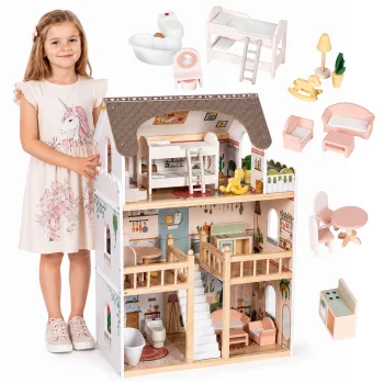 Ecotoys Laura koka leļļu māja, 3 stāvi, 15 mēbeles