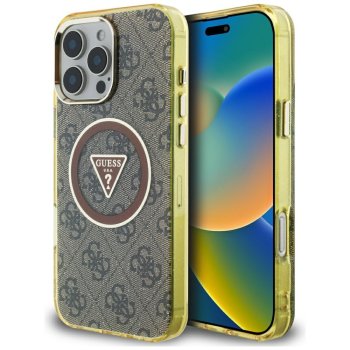 Guess iPhone 16 Pro Max vāciņš IML Metal Glitter 4G Circle Triangle MagSafe, brūns
