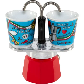 Гейзерная кофеварка Bialetti Mini Express Ciao Italia с 2 чашками, Red / Silver