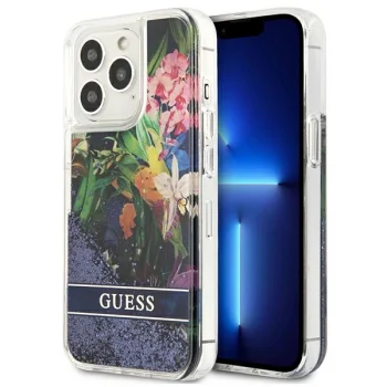 Guess iPhone 13 Pro Max vāciņš Flower Liquid Glitter Zils