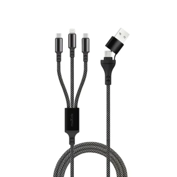 Maxlife All-in-1 kabelis USB/USB-C uz Lightning un 2x USB-C 66W 1m melns