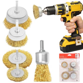 Brass wire brush set for drill/driver, 5 pcs, assorted sizes