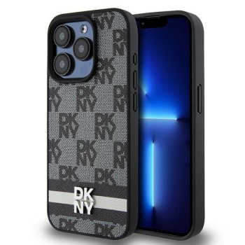 Apple iPhone 15 Pro Max 6.7'' DKNY Leather Checkered Mono Pattern Printed Stripes Case Cover, Black | Telefona...