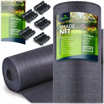 Plonos Shading Net 1.5x50m 110g/m² with 50 Clips, Grey