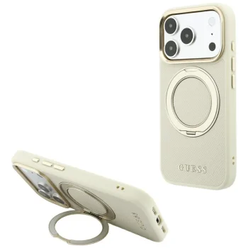 Чехол Guess Ring Stand 360 Grained Classic Logo MagSafe для iPhone 18 Pro / 17 Pro, бежевый