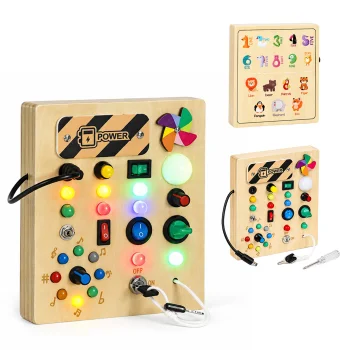 ECOTOYS Wooden Interactive Busy Board with LED Lights and Switches