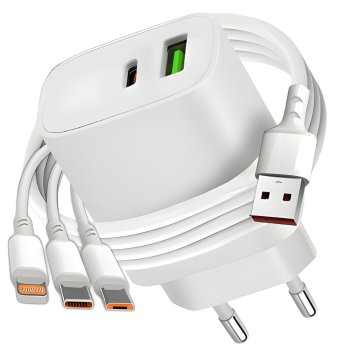 Ātrais tīkla lādētājs 20W USB/USB-C ar 3-in-1 kabeli, balts