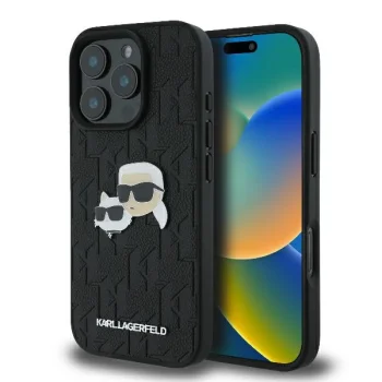 Karl Lagerfeld iPhone 16 Pro Max vāciņš Monogram Karl & Choupette Head Pin, melns
