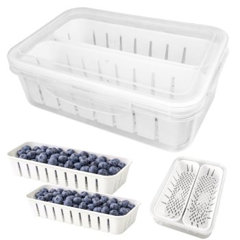 Fridge Organizer with 2 Drainer Baskets Food Storage Container, Clear