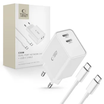 Tech-Protect C35W tīkla lādētājs 2x USB-C PD 35W un USB-C kabelis, balts