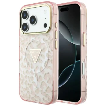 Чехол Guess IML Leopard Glitter Triangle Logo MagSafe для iPhone 17/18 Pro Max, розовый