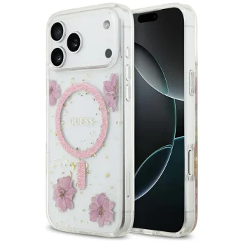 Guess Resin Flowers Glitter MagSafe Maciņš ar MagSafe iPhone 17 Pro Max – Rozā | Phone Case Cover