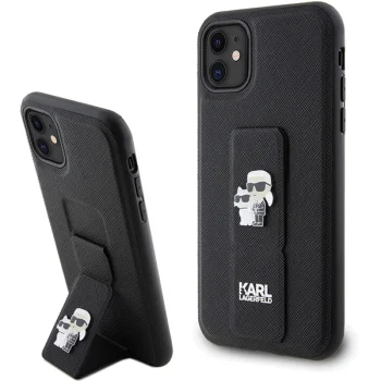 Karl Lagerfeld iPhone 11 vāciņš Gripstand Saffiano Karl & Choupette, melns