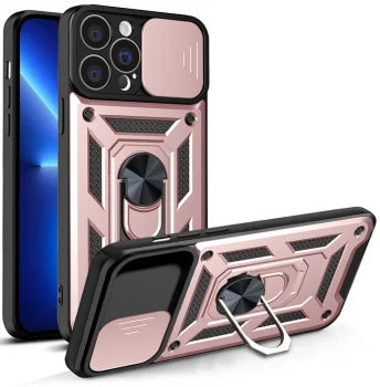 Triecienizturīgs vāciņš iPhone 13 Pro Max Hybrid Armor Camshield ar kameras aizsegu, rozā