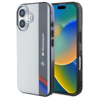 Чехол BMW для iPhone 16 Motorsport IML Vertical Stripe, серый