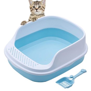 Open cat litter tray with frame and large scoop, blue