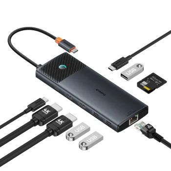 HUB 10in1 Baseus Metal Gleam Series USB-C uz USB-C PD / USB-C / 3x USB-A / 2x HDMI / RJ-45 / SD / TF - melns