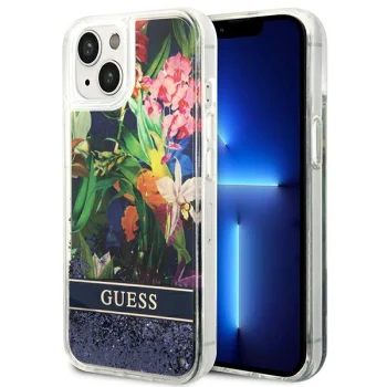 Guess Flower Liquid Glitter vāciņš iPhone 14 Plus, zils