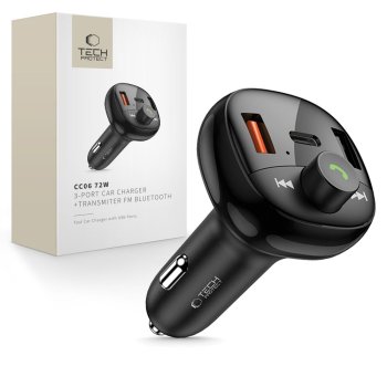 Tech-Protect CC06 automašīnas lādētājs ar FM transmiteri, 3-porti, PD72W, melns
