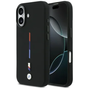 Чехол BMW M силиконовый с трёхцветной линией MagSafe для iPhone 17 – чёрный