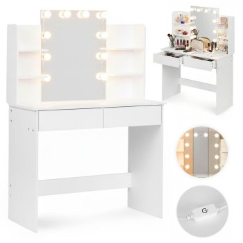 Makeup Vanity Table with LED Lighted Mirror 2 Drawers and Shelves ModernHome