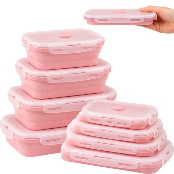 Collapsible Silicone Food Storage Containers 4 Pcs Lunch Box, Pink