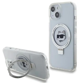 Чехол Karl Lagerfeld для iPhone 15 Ring Stand Choupette Head MagSafe, белый
