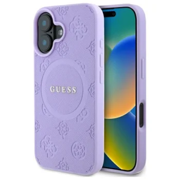 Guess iPhone 16 Plus vāciņš Saffiano Peony Classic Logo MagSafe, violets