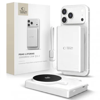 Tech-Protect PB40 LifeMag ārējais akumulators 10000mAh Qi2.2 25W, balts/sudraba