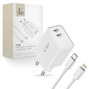 Tech-Protect C35W tīkla lādētājs 2x USB-C PD 35W un USB-C - Lightning kabelis, balts